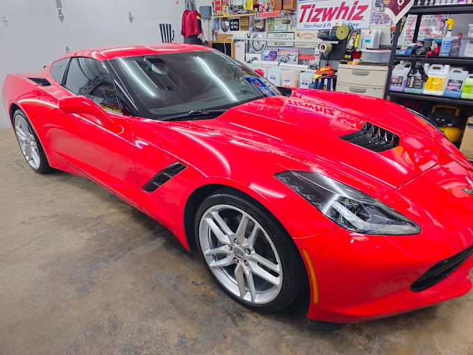 Red Corvette with mirror-gloss finish after paint correction